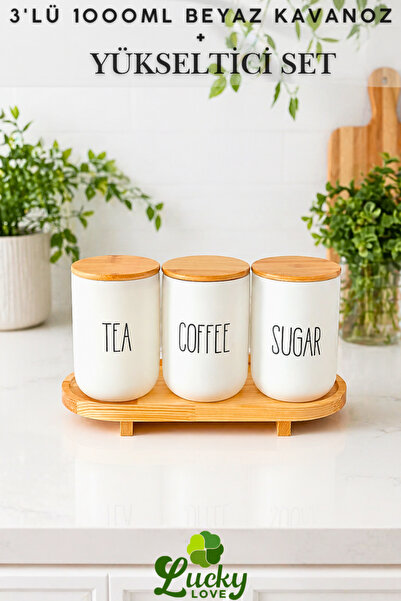 Lucky Love Bambu Lüks Ayaklı Yükseltici ve 3'Lü Tea-Coffee-Sugar Cam Kavanoz ...