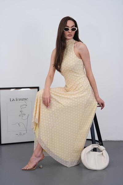 MILANOFOX Γυναικείο παστέλ κίτρινο πουά φόρεμα με λαιμόκοψη halter, αμάνικο, ...