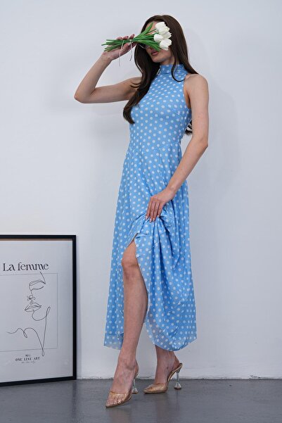 MILANOFOX Γυναικείο μπλε πουά φόρεμα με λαιμόκοψη halter, αμάνικο, με φερμουά...