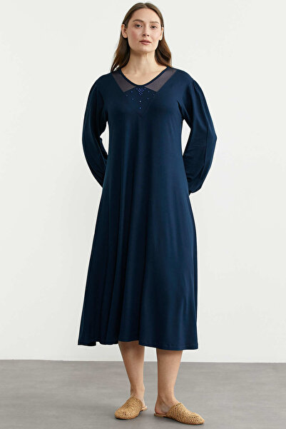 Sementa Tulle Detailed Comfortable Fit Dress - Navy Blue