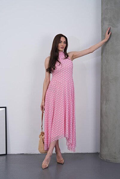 MILANOFOX Γυναικείο ροζ πουά φόρεμα με λαιμόκοψη halter, αμάνικο, με φερμουάρ...