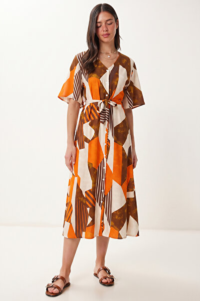 Lovelyİstanbul Φόρεμα πουκάμισο με σχέδια και ζώνη από βισκόζη LRN0046 ORANJ ...