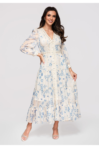 Larica Damen Maxikleid mit V-Ausschnitt und Spitze LA-OM-DLR298 Blau