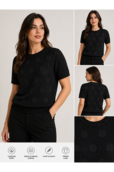 FİFTY ONE Γυναικεία πουά πλεκτή μπλούζα με κοντό μανίκι και στρογγυλή λαιμόκο...