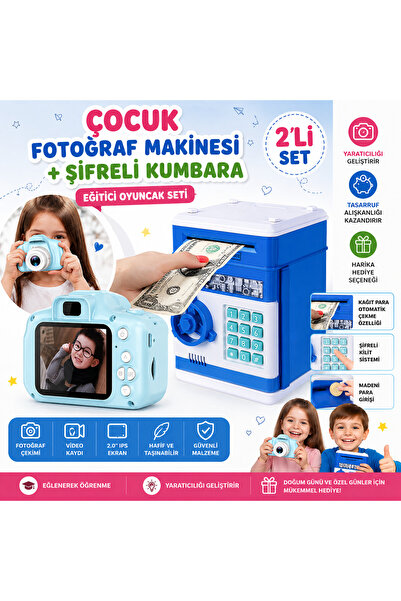 qasul Çocuk Dijital Fotoğraf Makinesi + Şifreli Elektronik Kumbara Seti Eğiti...