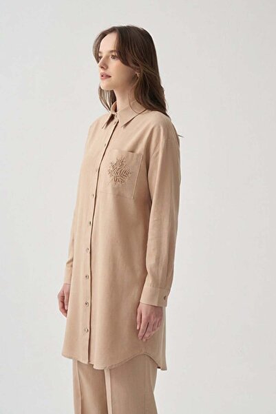ALLDAY Μπεζ λινό πουκάμισο με λεπτομέρεια κοπής με λέιζερ