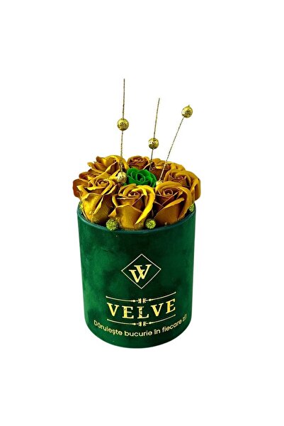 velve VLV floral arrangement with 9 soap roses, green Velvet box and gold det...