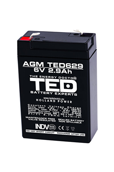TED Electric Acumulator Stationar AGM VRLA Etans 6V 2.9A F1 T1, Dimensiuni 66...