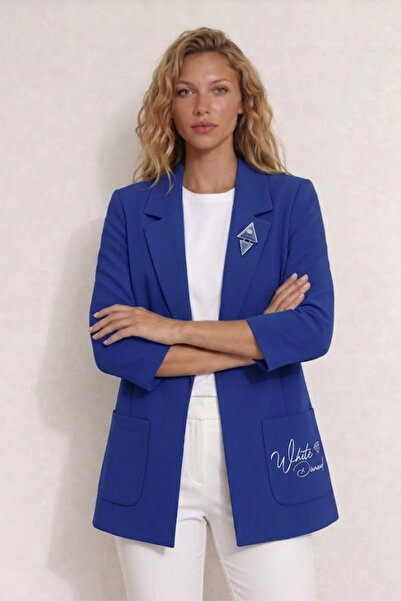 WHİTE DİAMOND Women's Saks Blue Pocket Detailed Brooched Blazer Jacket