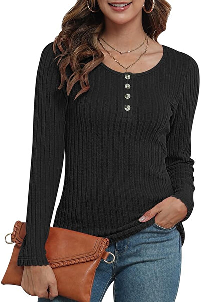 OEM Black loose women's blouse, breathable sweater, round neckline with butto...
