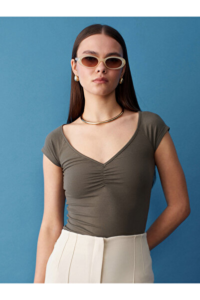 Dilvin 32843 Κοντομάνικο μπλουζάκι με κορδόνι - Χακί