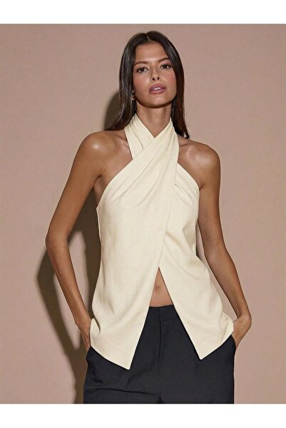 Afri Γυναικεία μπλούζα Αφροδίτη σε εκρού χρώμα με λαιμόκοψη halter και διπλό ...