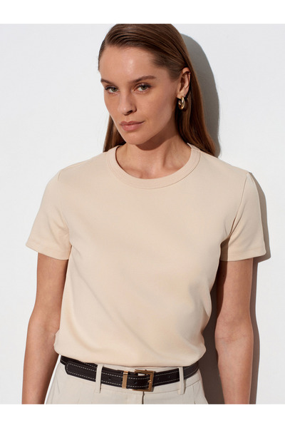 Dilvin 32779 Μπλουζάκι με λαιμόκοψη ποδηλάτου-Πέτρα