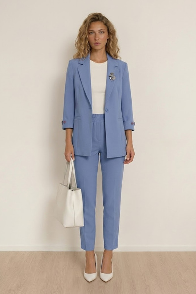 WHİTE DİAMOND Women's Ice Blue Brooch Detailed 3/4 Sleeve Blazer Jacket and T...