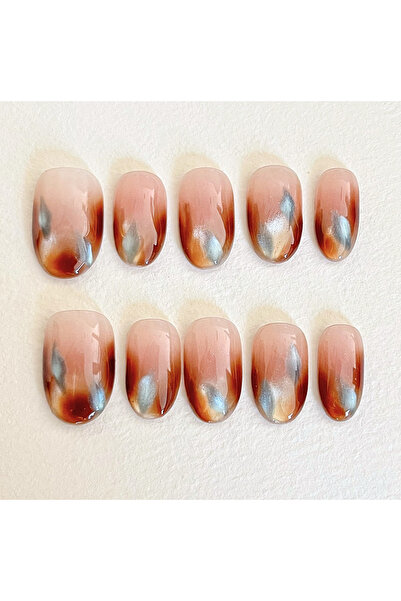 Nailvana (Μεσαία) Χειροποίητα Αυτοκόλλητα Νύχια με Κεχριμπαρένια Μαρμάρινη Λάμψη