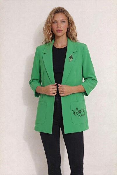WHİTE DİAMOND Kadın Yeşil Cep Detaylı Broşlu Blazer Ceket