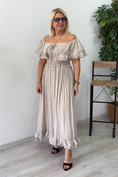 By Esra Celkan Beige Collared Elastic Waist Gathered Long Ruffle Cotton Dress