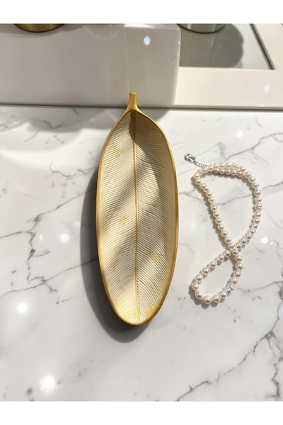BELLATRİX ATÖLYE Yaprak Formlu Uzun Gold Dekoratif Tabak – 24 x 8,5 cm