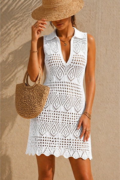 SÇLK Πλεκτό φόρεμα παραλίας με διάτρητο σχέδιο, αμάνικο μπικίνι με γιακά πουκ...