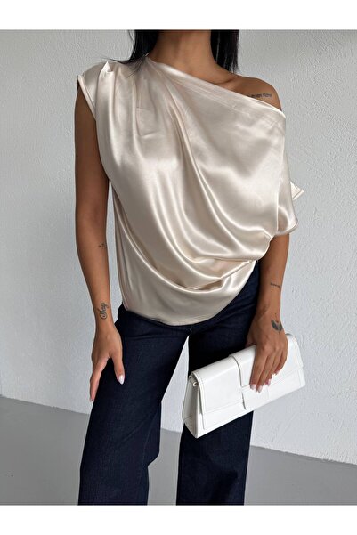 QUTTA Γυναικεία μπλούζα σε μπεζ χρώμα, με ανοιχτούς ώμους και κοντά μανίκια, ...