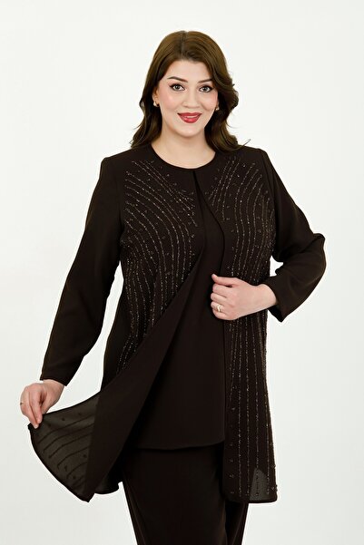 By Alba Collection Γυναικείο Καφέ Λαμπερό Πέτρινο Κεντημένο Κομψό Σετ Βραδινο...