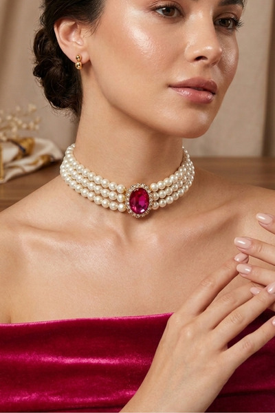 Happyline Cam İncili Oval Gold Kaplama Kolye Tasma Fuşya Taşlı Choker Kolye Ö...