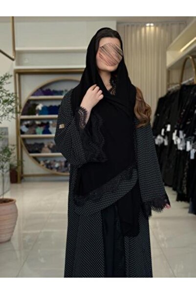 aljmal alraqi abaya عباية دره - بقماش شيفون منقط ابيض وأطراف دانتيل