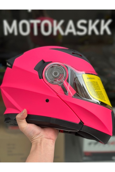 Palas Motor BGC ÇENE AÇILIR PEMBE KASK / GÜNEŞ GÖZLÜĞÜ + ÇELİK MEKANİZMA + EC...
