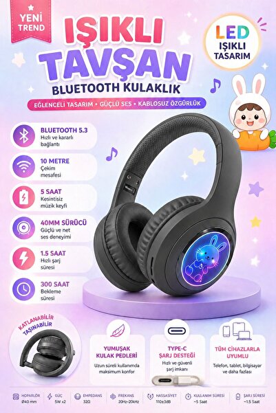 kawigo Işıklı Tavşan Bluetooth Kulaklık LED Tasarım Kablosuz Kulaklık Çocuk K...