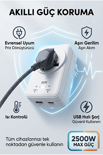MATECHNO 20WPD Hızlı Şarjlı Akım Korumalı Evrensel Priz Dönüştürücü Beyaz USB...