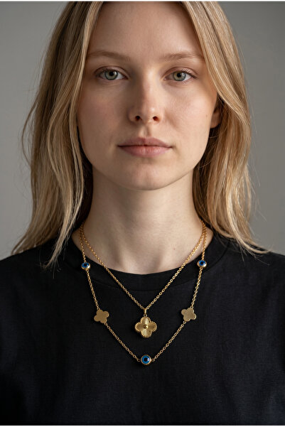 Laviona jewelry 2 li Nazar ve Yonca Model Çelik Kolye