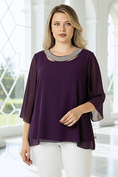 SUBU TASARIM Chiffon Collar Stone Detailed Plus Size Evening Dress Blouse Tbs...