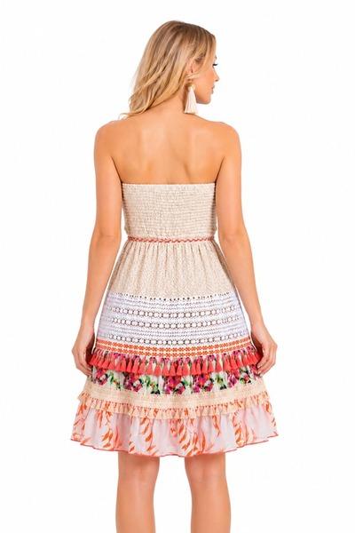 Savage Culture Rochie boho scurta, de vara, fara umeri, broderie, snur reglabil in talie, bumbac, Crem