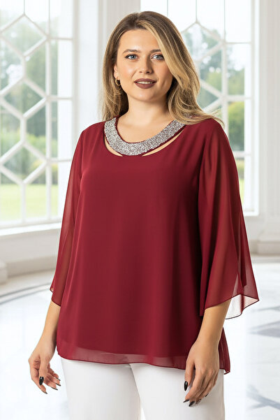 SUBU TASARIM Chiffon Collar Stone Detailed Plus Size Evening Dress Blouse Tbs...