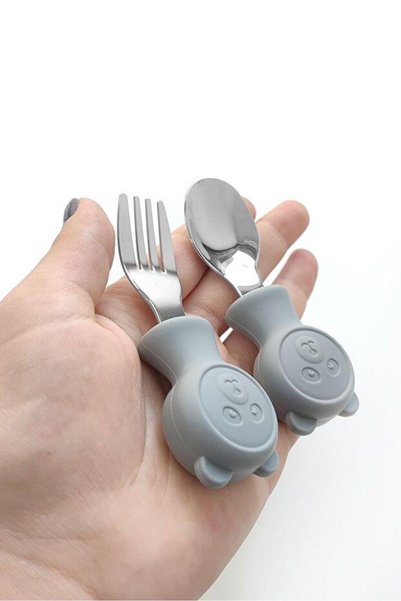 valkyrie 304 Çelik Panda Bebek Kaşık Çatal SetiSilikon Saplı BPA İçermez Ergonomik Kaymaz Gri