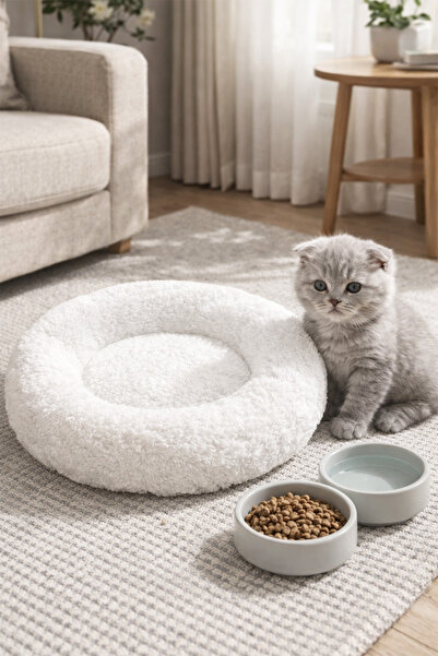 Puffy Peluş Yumuşak Simit Yuvarlak Kedi Köpek Yatağı Minder Beyaz