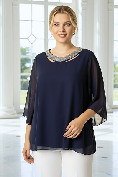 SUBU TASARIM Chiffon Collar Stone Detailed Plus Size Evening Dress Blouse Tbs...