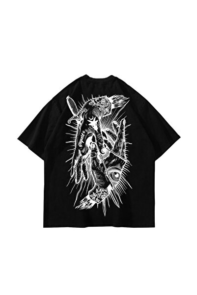 Sekizbiraltı Μπλουζάκι Unisex Oversize με στάμπα τατουάζ στα χέρια, μαύρο