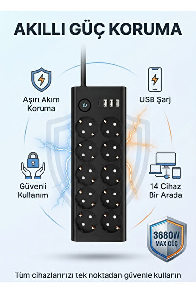 MATECHNO 10'lu 2MT Uzatma Kablolu Çoklu Priz Akım Korumalı Grup Uzatma Priz 3...