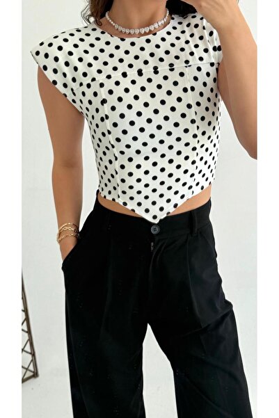 CADDELAMODA Γυναικεία μπλούζα με επένδυση και βολάν, Premium πουά