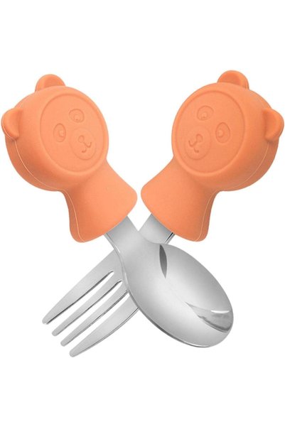 valkyrie 304 Çelik Panda Bebek Kaşık Çatal SetiSilikon Saplı BPA İçermez Ergonomik Kaymaz Turuncu