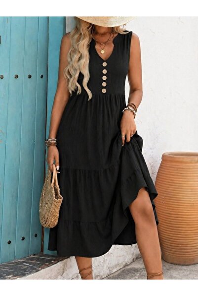 Kokosh moda Kadın V Yaka Düğme Detaylı Askılı Midi Bürümcük Elbise