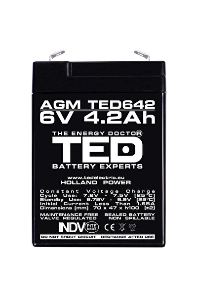 TED Electric Acumulator Stationar AGM VRLA Etans 6V 4.2A F1 T1, Dimensiuni 70mm x 47mm x h100mm