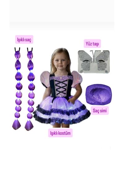 3b kids kuromi ışıklı kostüm elbise + ışıklı kuromi mor saç + yüz taşı + siml...