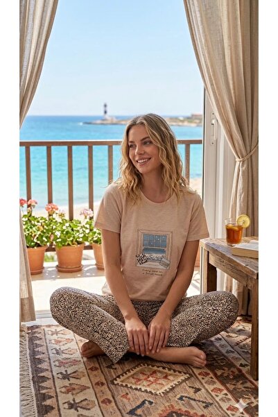 İpek Γυναικείο σετ πιτζάμες με κοντό μανίκι και μακρύ σχέδιο λεοπάρ, 100% βαμ...