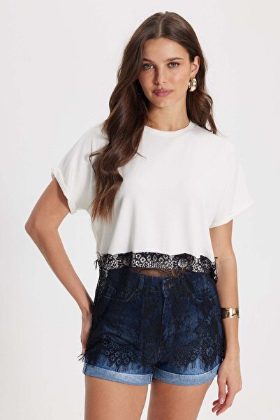 Tudors Γυναικείο μπλουζάκι με φαρδιά γραμμή, δαντέλα και λεπτομέρειες, λευκό,...