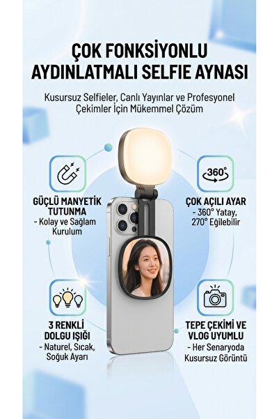MATECHNO Magsafe Uyumlu Manyetik Telefon Selfie Işığı ve Aynası - 3 Renk Modl...