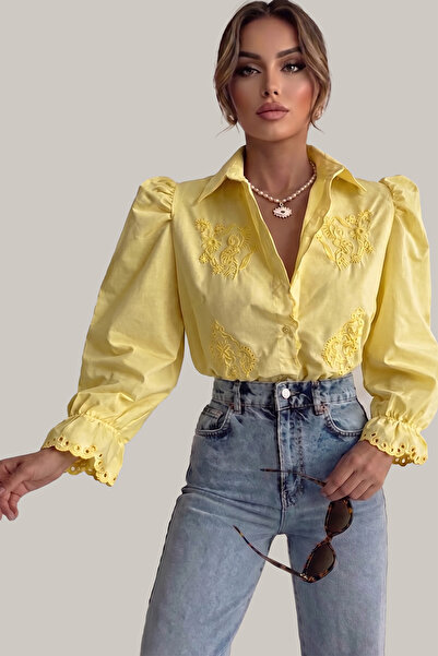 Fumel Γυναικείο κίτρινο πουκάμισο με λεπτομέρειες σε στυλ πριγκίπισσας vintage