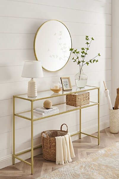 Saule Modern 2 Katlı Gold Renk Metal İskeletli Şeffaf Temper Camlı Raf Dresua...