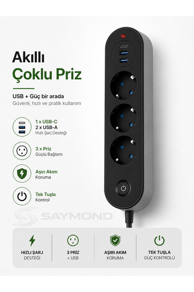 SAYMOND Termal Akım Korumalı 3lü Priz 2usb 1usbc 2mt Kablo Aç Kapa Anahtar 25...